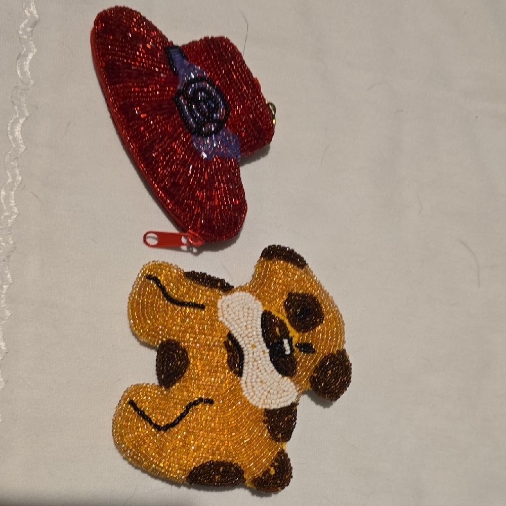 Kids Beaded Firefighter Hat and Dog Coin Purse Set - Red and Brown